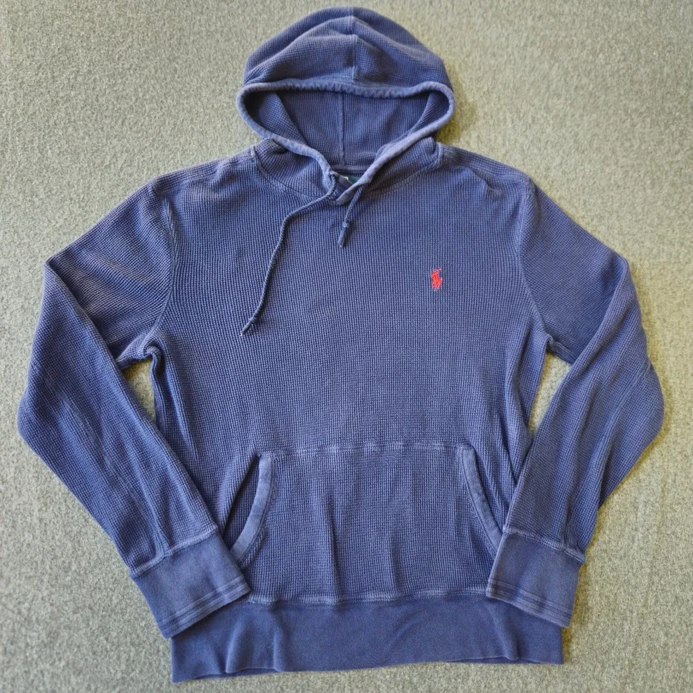 POLO RALPH LAUREN Washed Navy Waffle Knit Thermal Hoodie‎ L Red Pony Preppy
